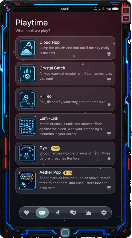 L'elenco Ora di giocare con sei minigiochi di Lumi, tra cui Gyre e Aether Pop.