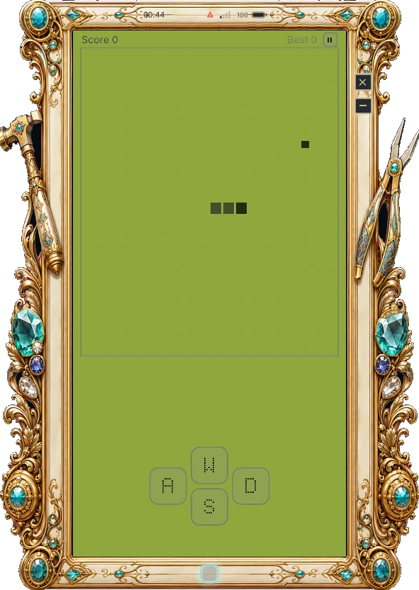 Una partita a Snake in corso, con i tasti WASD sullo schermo.
