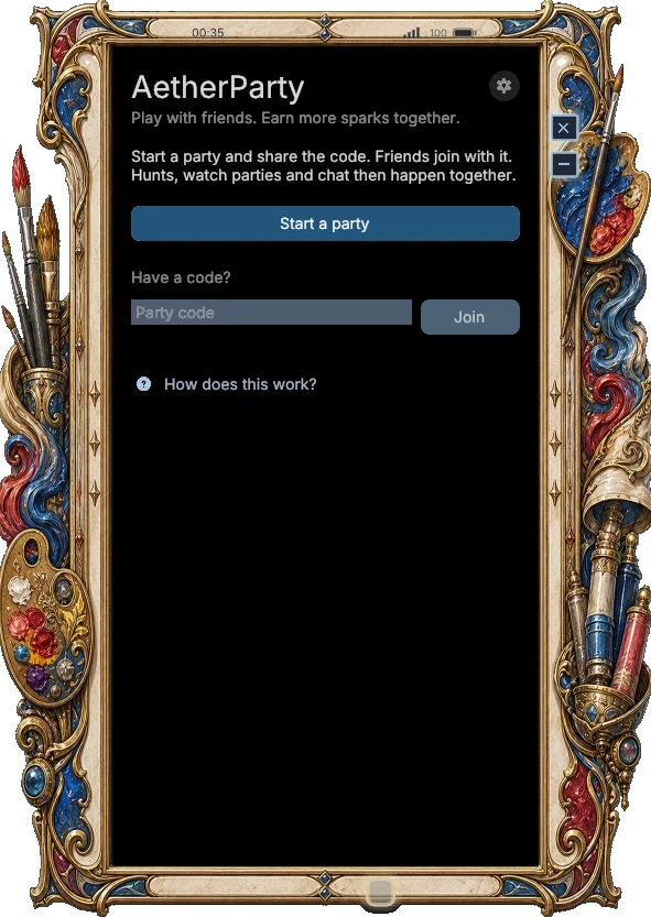 La schermata di AetherParty con i pulsanti per creare un party o entrare con un codice.